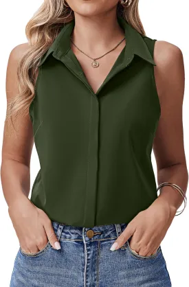 HOTOUCH Women's Sleeveless Button Down Shirts Hidden-Button Front Collared Dressy Casual Blouses Loose Office Tank Tops