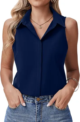 HOTOUCH Women's Sleeveless Button Down Shirts Hidden-Button Front Collared Dressy Casual Blouses Loose Office Tank Tops