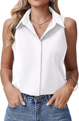 HOTOUCH Women's Sleeveless Button Down Shirts Hidden-Button Front Collared Dressy Casual Blouses Loose Office Tank Tops