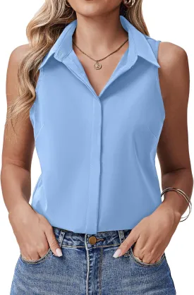 HOTOUCH Women's Sleeveless Button Down Shirts Hidden-Button Front Collared Dressy Casual Blouses Loose Office Tank Tops