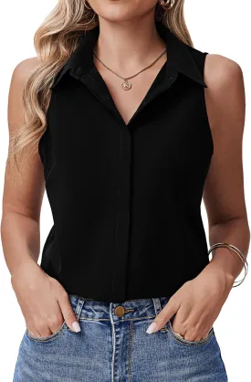 HOTOUCH Women's Sleeveless Button Down Shirts Hidden-Button Front Collared Dressy Casual Blouses Loose Office Tank Tops