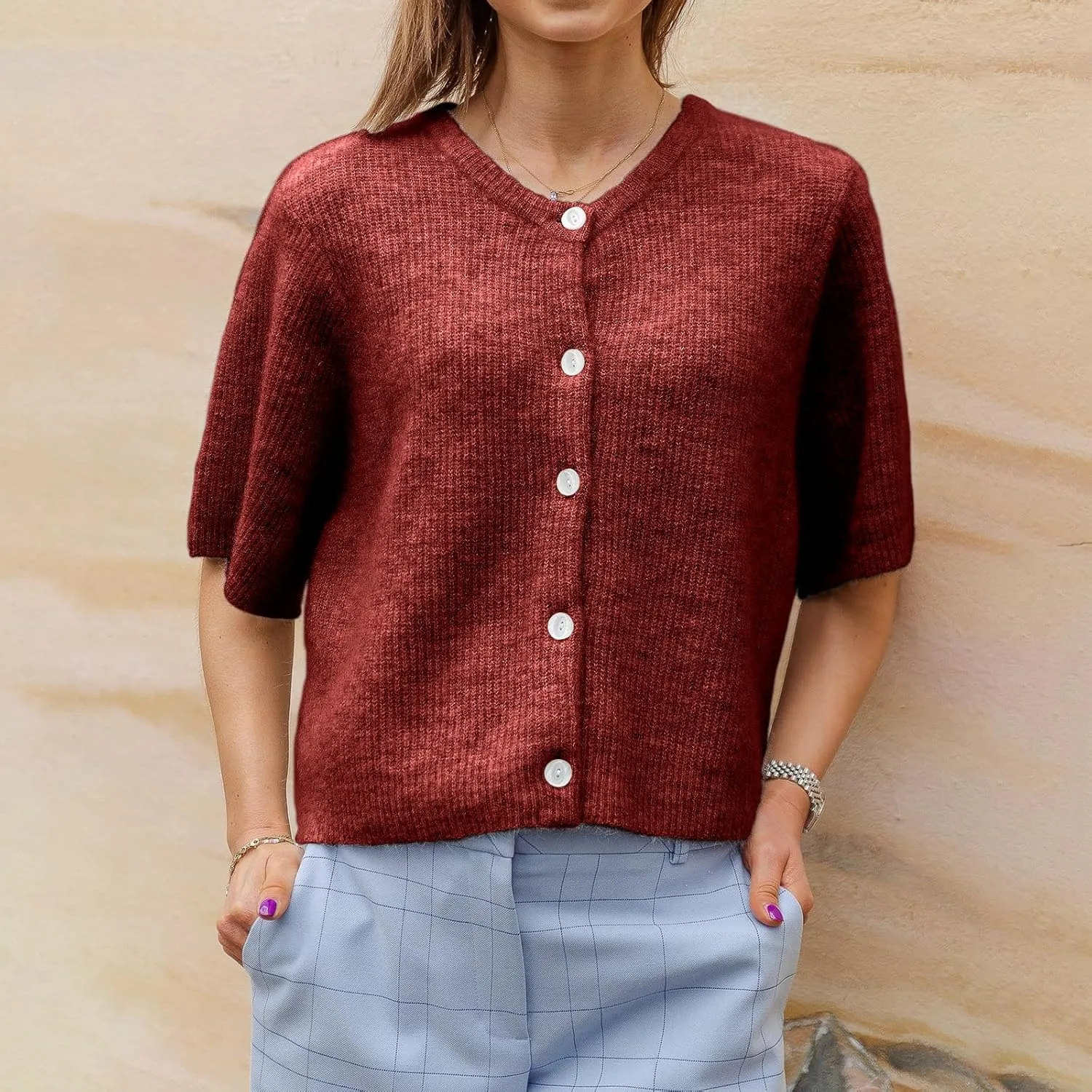 ICNGLKSND Women's Short Sleeve Cardigan Button Down Open Front Crewneck Sweaters Knit Solid Crop Tops