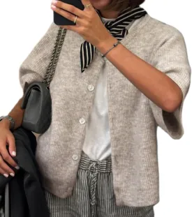 ICNGLKSND Women's Short Sleeve Cardigan Button Down Open Front Crewneck Sweaters Knit Solid Crop Tops
