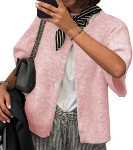 ICNGLKSND Women's Short Sleeve Cardigan Button Down Open Front Crewneck Sweaters Knit Solid Crop Tops