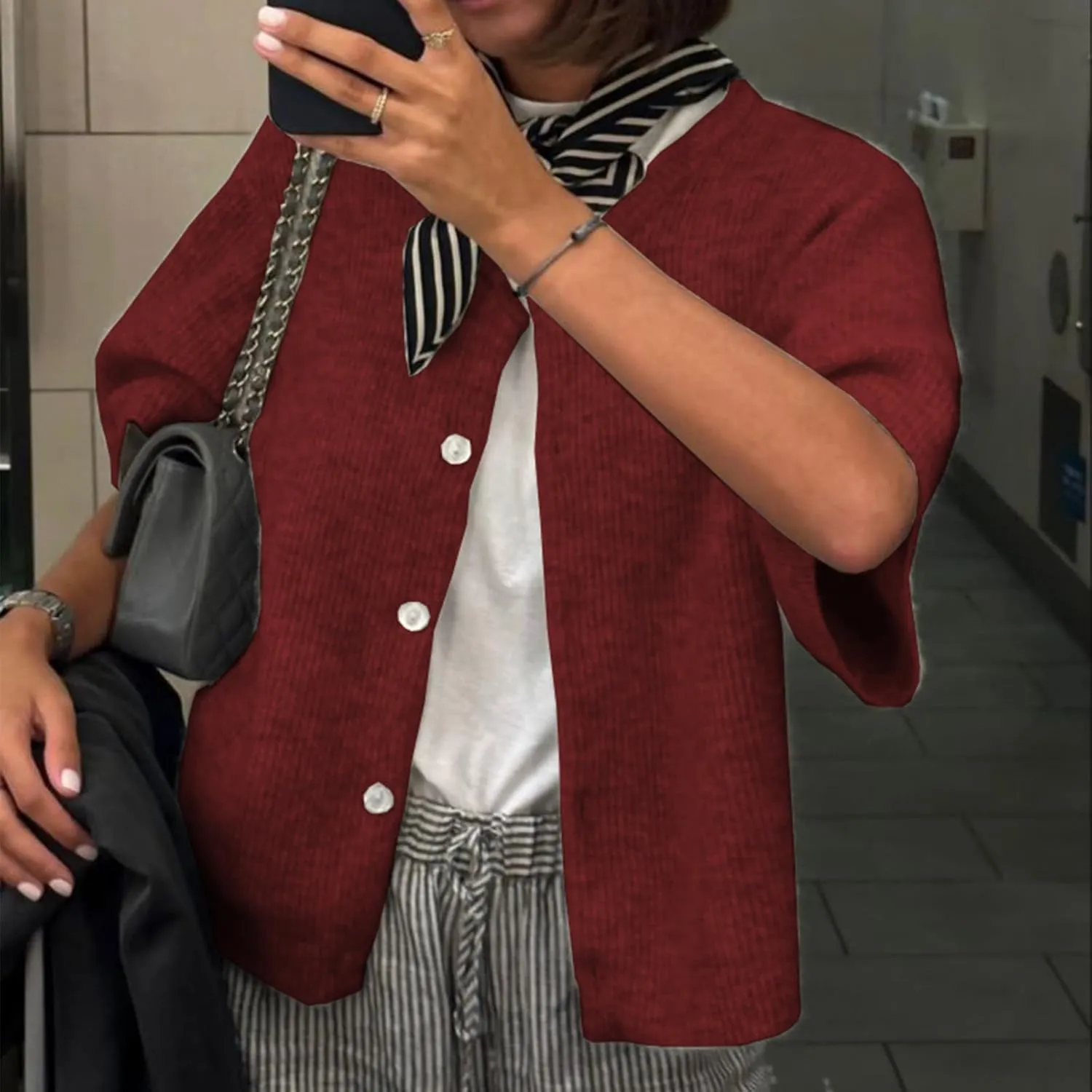 ICNGLKSND Women's Short Sleeve Cardigan Button Down Open Front Crewneck Sweaters Knit Solid Crop Tops