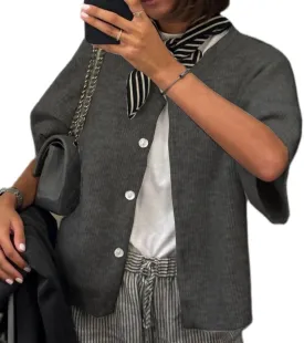 ICNGLKSND Women's Short Sleeve Cardigan Button Down Open Front Crewneck Sweaters Knit Solid Crop Tops