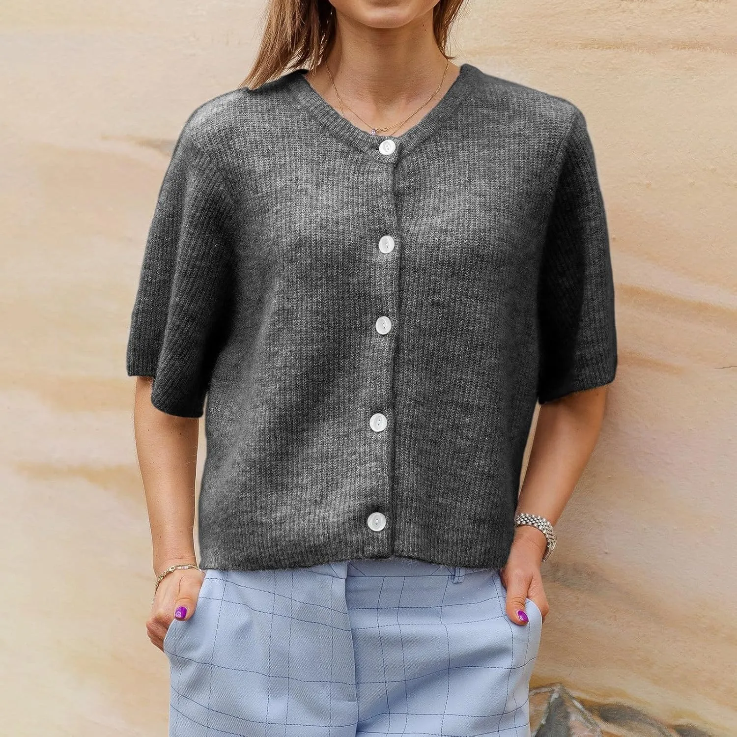 ICNGLKSND Women's Short Sleeve Cardigan Button Down Open Front Crewneck Sweaters Knit Solid Crop Tops