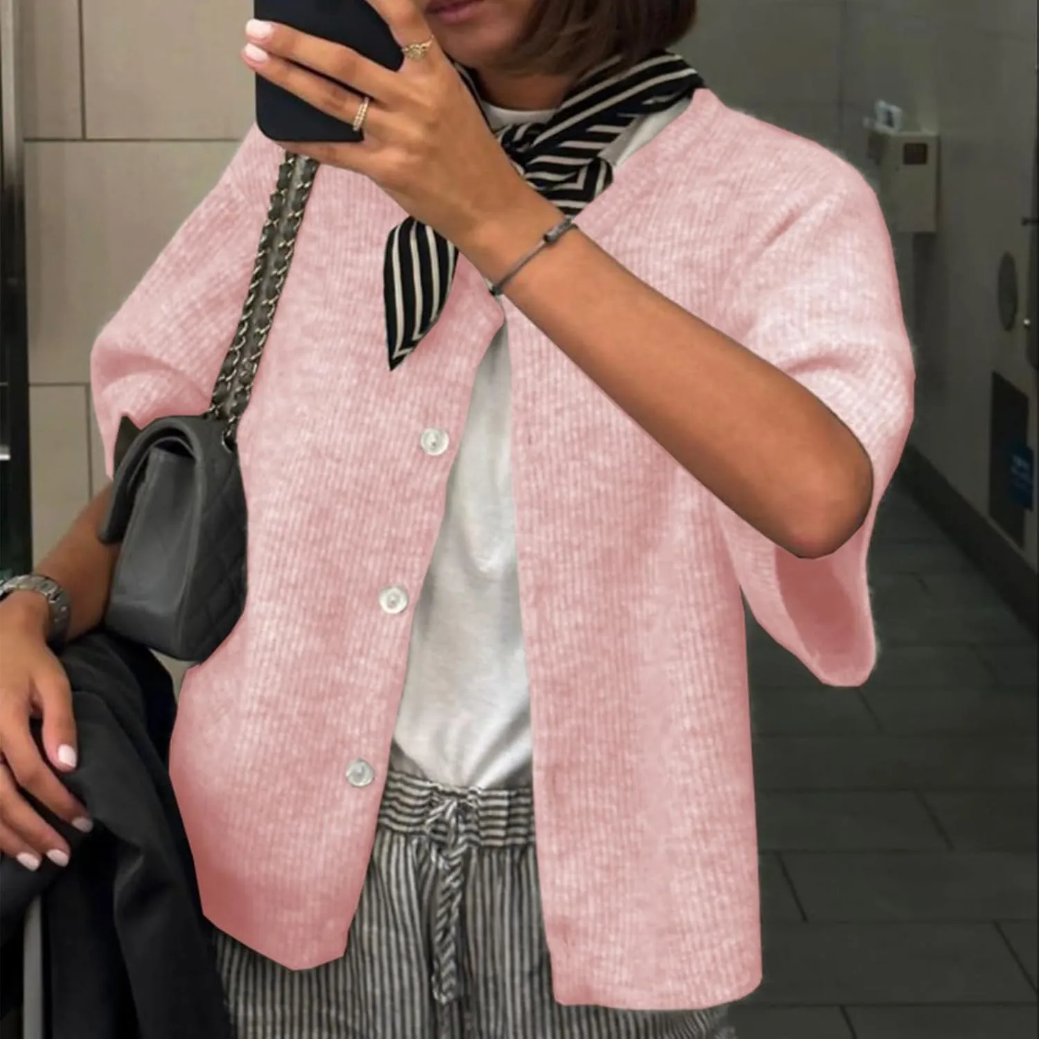 ICNGLKSND Women's Short Sleeve Cardigan Button Down Open Front Crewneck Sweaters Knit Solid Crop Tops