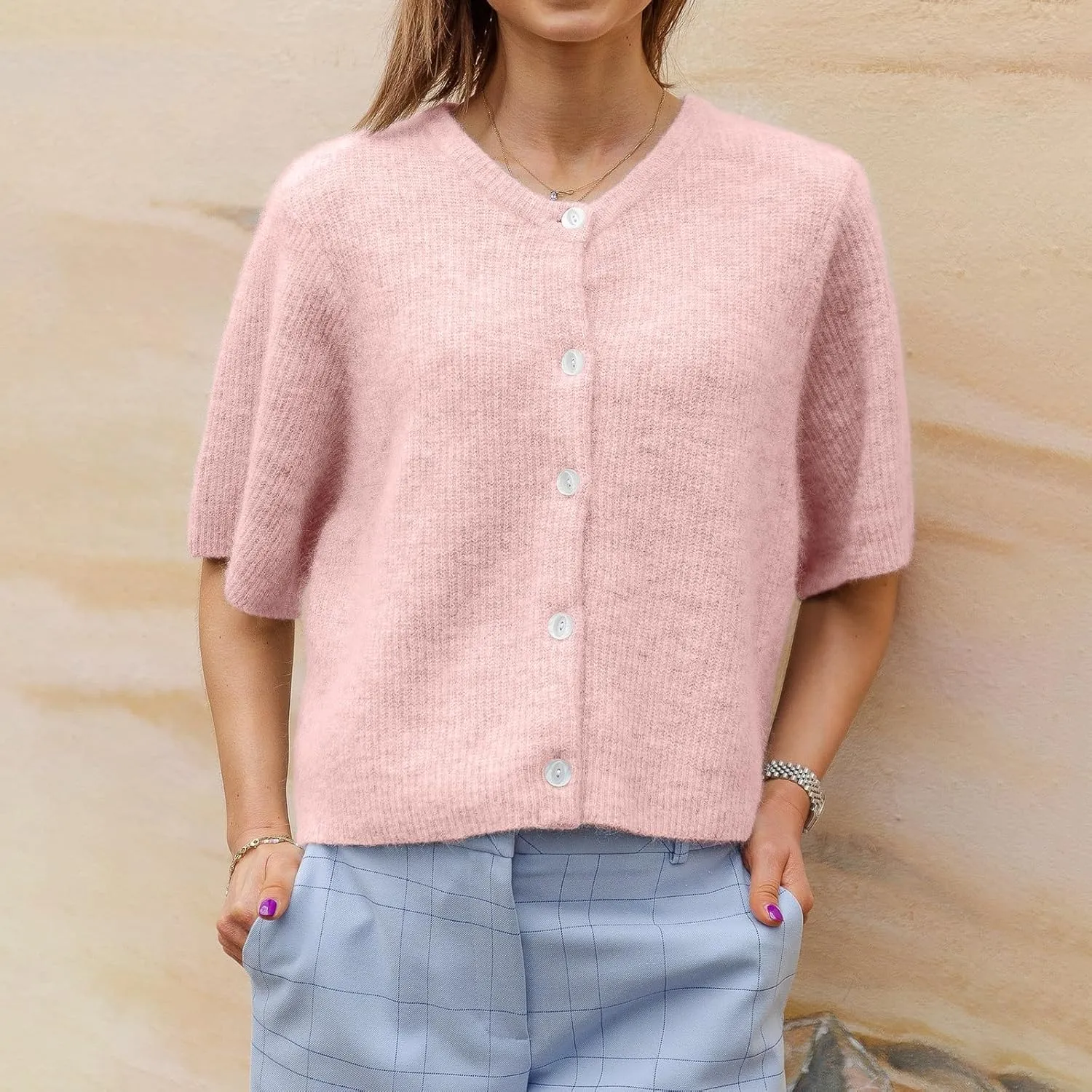 ICNGLKSND Women's Short Sleeve Cardigan Button Down Open Front Crewneck Sweaters Knit Solid Crop Tops