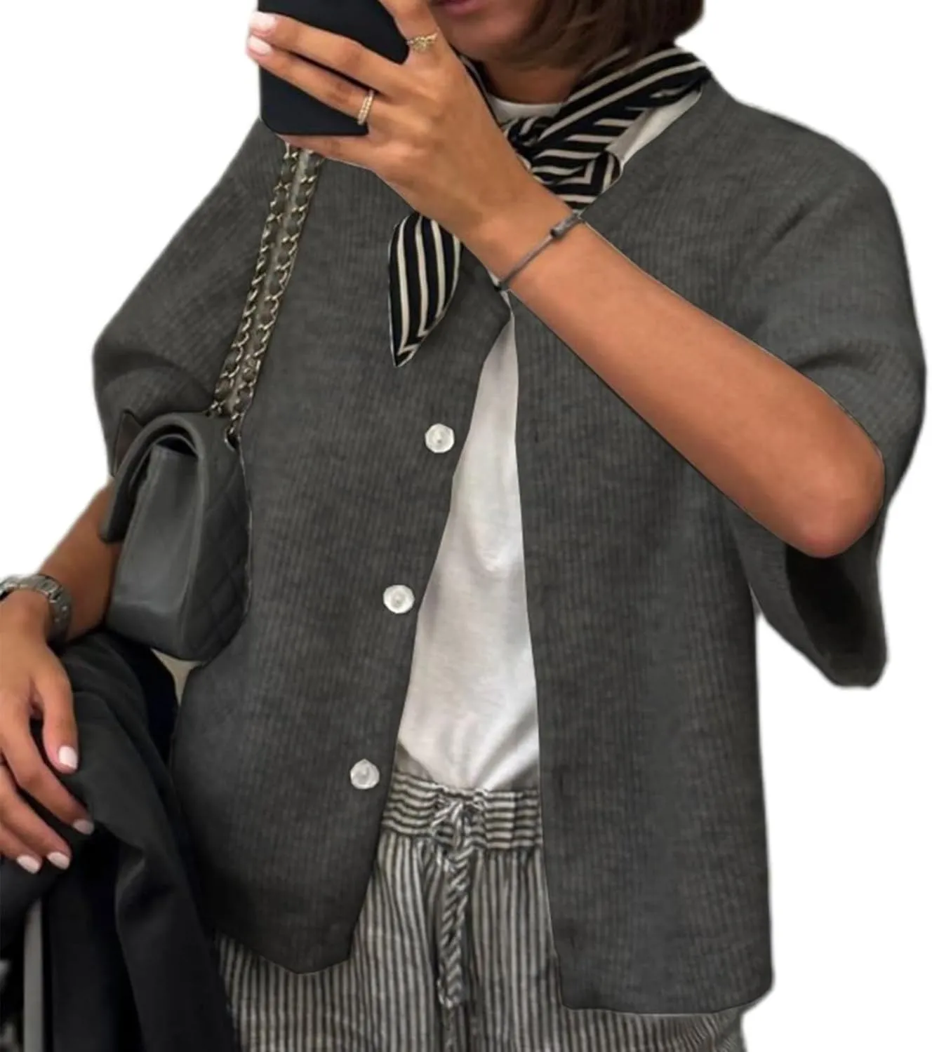 ICNGLKSND Women's Short Sleeve Cardigan Button Down Open Front Crewneck Sweaters Knit Solid Crop Tops