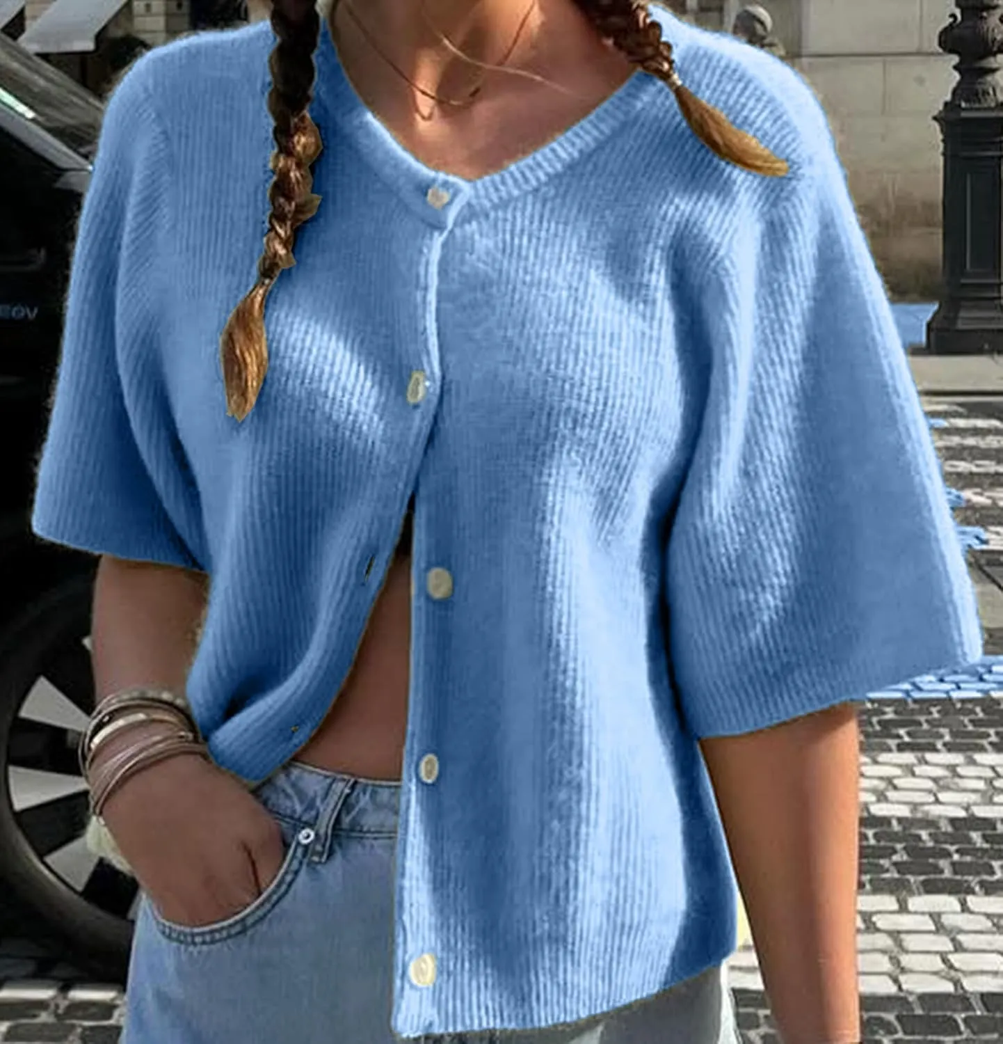 ICNGLKSND Women's Short Sleeve Cardigan Button Down Open Front Crewneck Sweaters Knit Solid Crop Tops