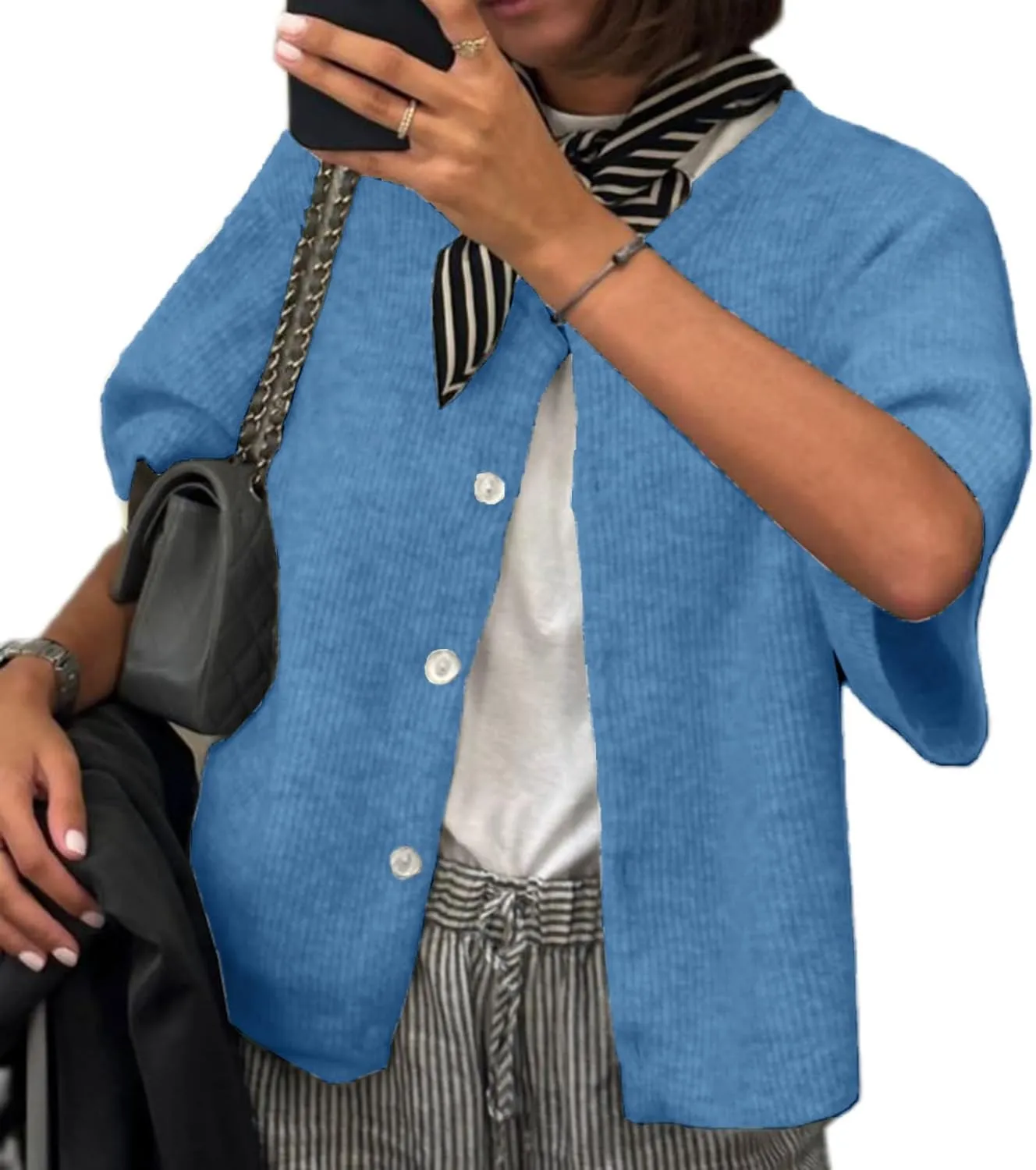 ICNGLKSND Women's Short Sleeve Cardigan Button Down Open Front Crewneck Sweaters Knit Solid Crop Tops