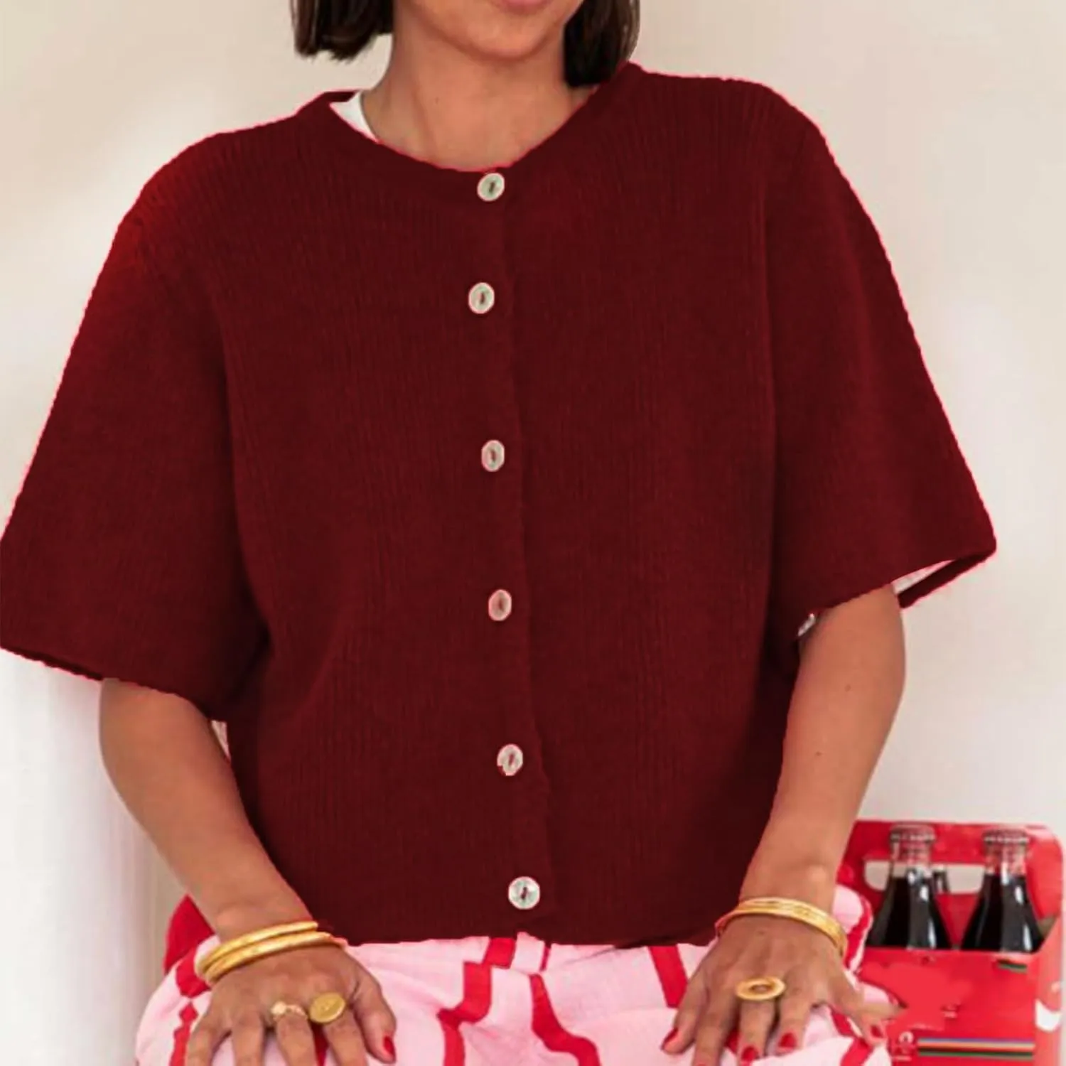 ICNGLKSND Women's Short Sleeve Cardigan Button Down Open Front Crewneck Sweaters Knit Solid Crop Tops