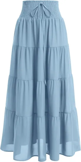 IWEMEK Women Boho Elastic Waist A Line Ruffle Beach Convertible Maxi Skirt Dress Tired Pleated Drawstring Chiffon Long Skirts