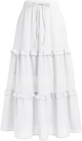 IWEMEK Women Summer Boho Flowy Swing Tiered A-Line Midi Skirt Ruffle Elastic High Waist Casual Holiday Beach Party Long Skirt