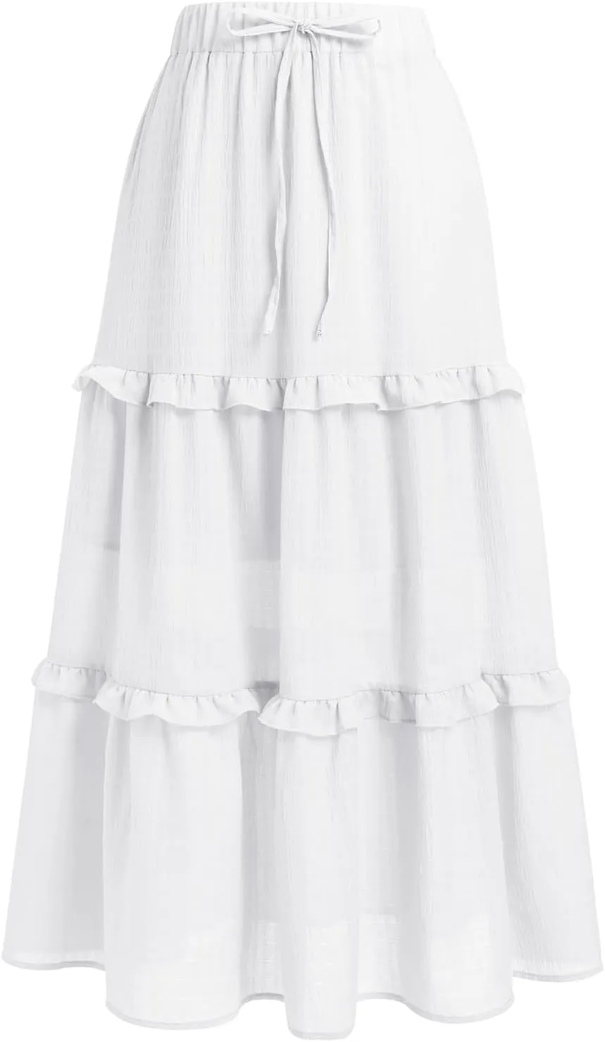 IWEMEK Women Summer Boho Flowy Swing Tiered A-Line Midi Skirt Ruffle Elastic High Waist Casual Holiday Beach Party Long Skirt
