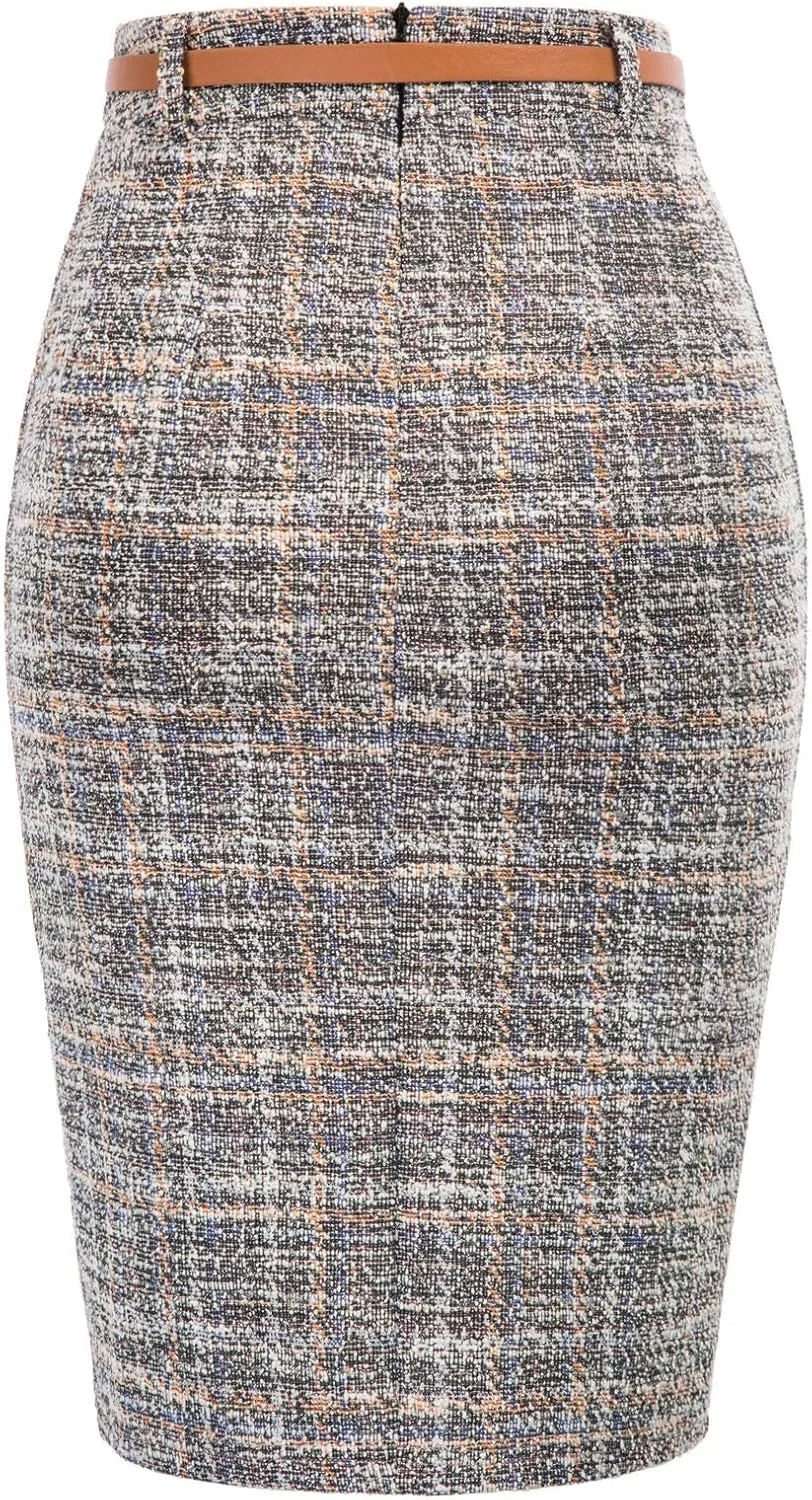 Kate Kasin Women's Tweed Pencil Skirt Knee Length High Waisted Skirts with Slit Elegant Skirts with Belt
