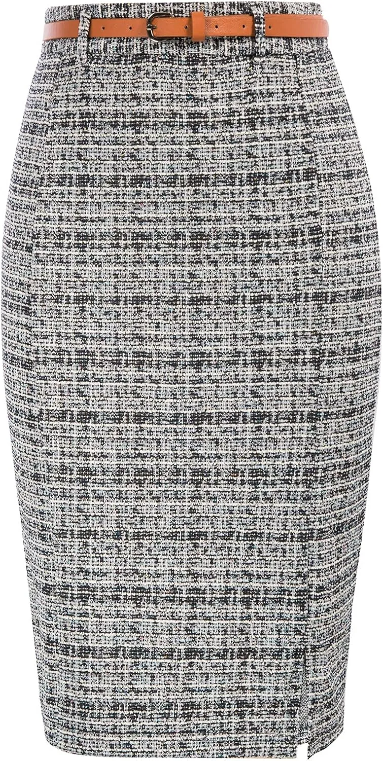 Kate Kasin Women's Tweed Pencil Skirt Knee Length High Waisted Skirts with Slit Elegant Skirts with Belt