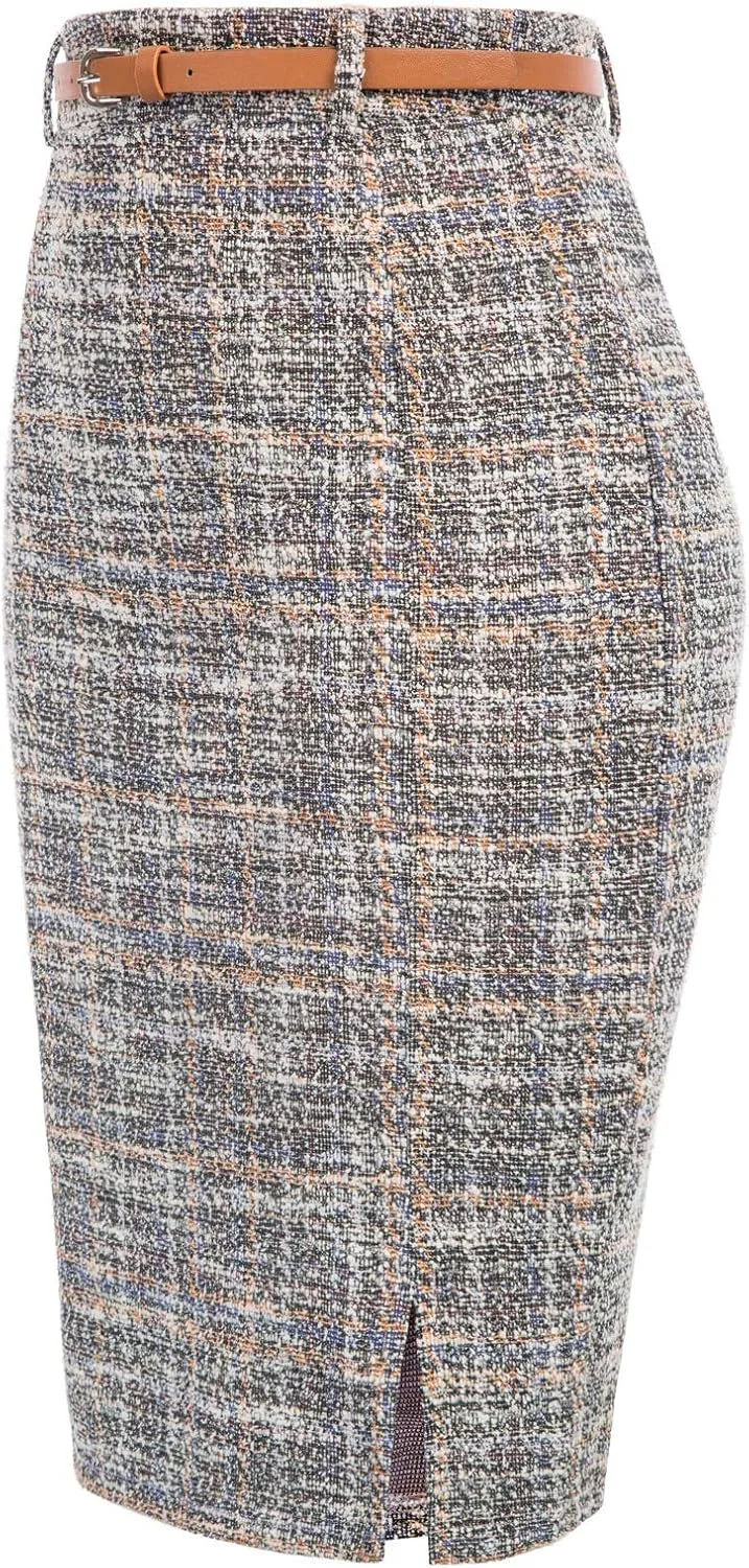 Kate Kasin Women's Tweed Pencil Skirt Knee Length High Waisted Skirts with Slit Elegant Skirts with Belt