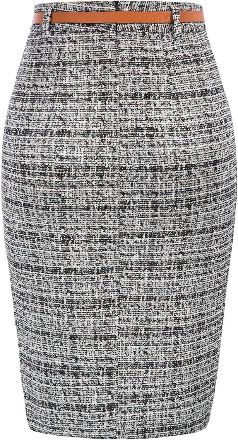 Kate Kasin Women's Tweed Pencil Skirt Knee Length High Waisted Skirts with Slit Elegant Skirts with Belt