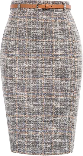 Kate Kasin Women's Tweed Pencil Skirt Knee Length High Waisted Skirts with Slit Elegant Skirts with Belt