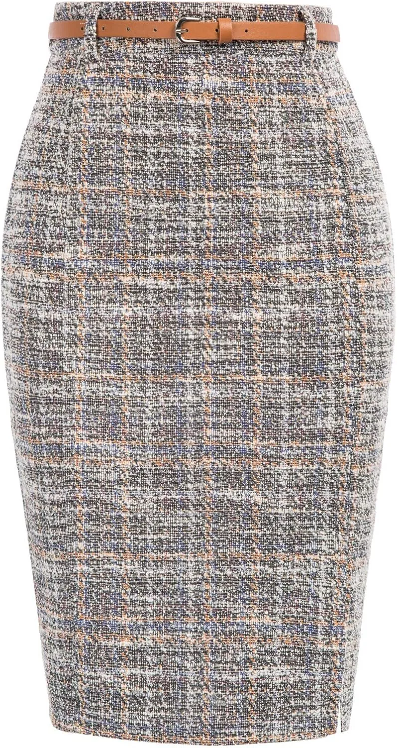 Kate Kasin Women's Tweed Pencil Skirt Knee Length High Waisted Skirts with Slit Elegant Skirts with Belt