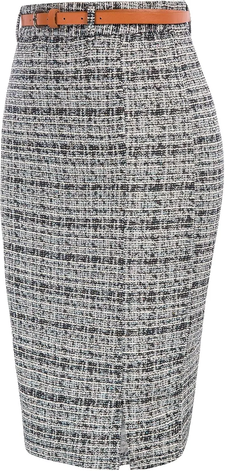 Kate Kasin Women's Tweed Pencil Skirt Knee Length High Waisted Skirts with Slit Elegant Skirts with Belt