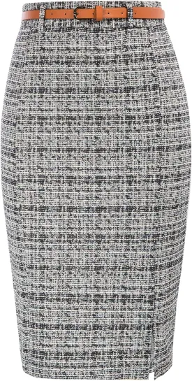 Kate Kasin Women's Tweed Pencil Skirt Knee Length High Waisted Skirts with Slit Elegant Skirts with Belt