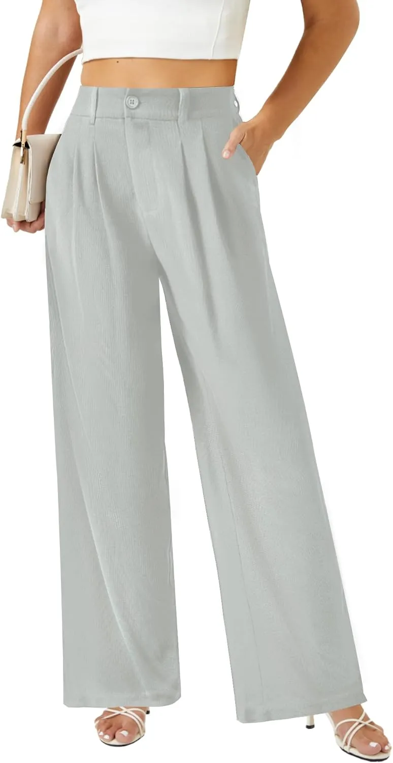 keriffe Womens Wide Leg Work Pants Waffle Knit High Waisted Button Down Casual Dress Palazzo Trousers Pockets