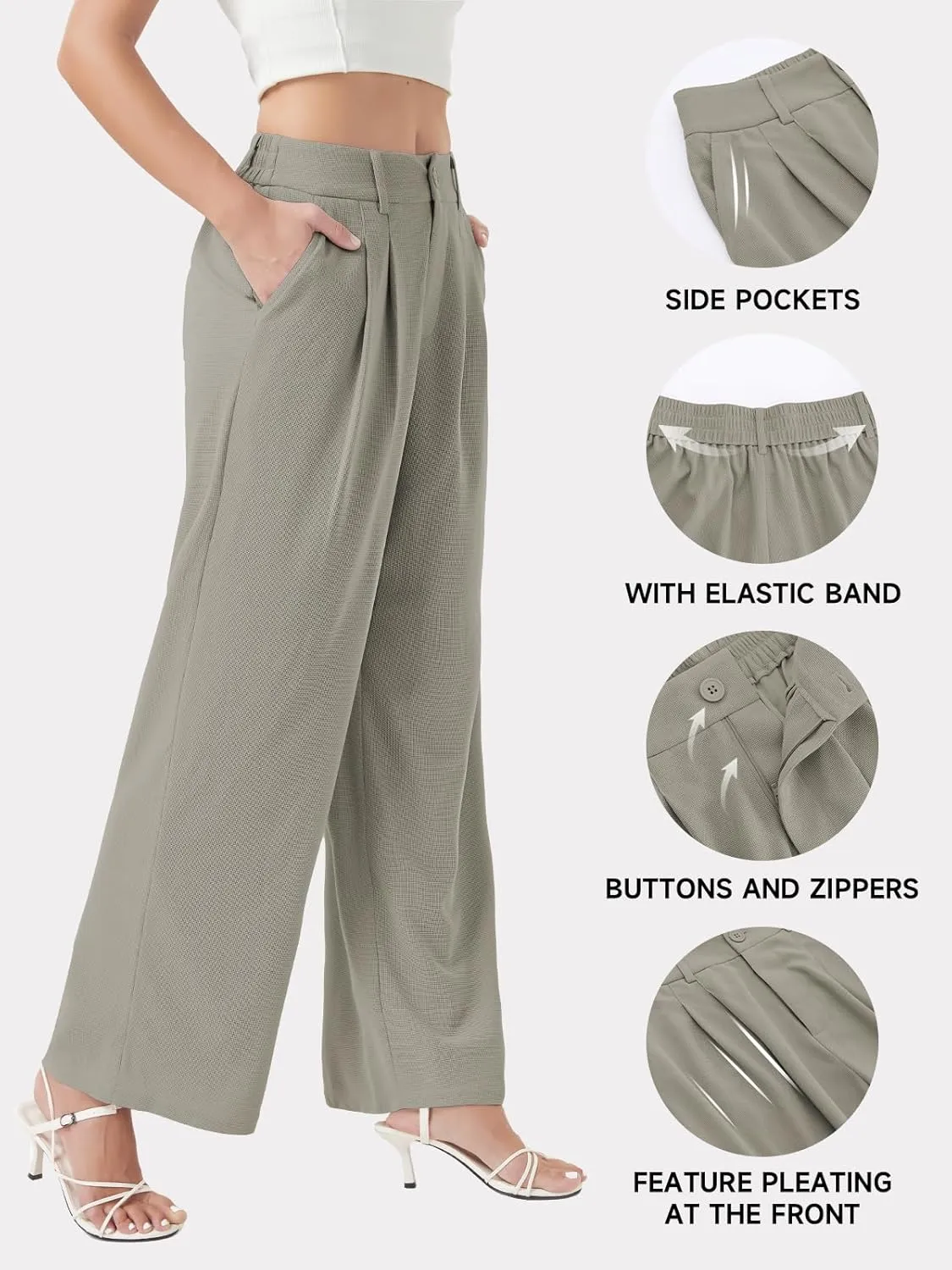 keriffe Womens Wide Leg Work Pants Waffle Knit High Waisted Button Down Casual Dress Palazzo Trousers Pockets
