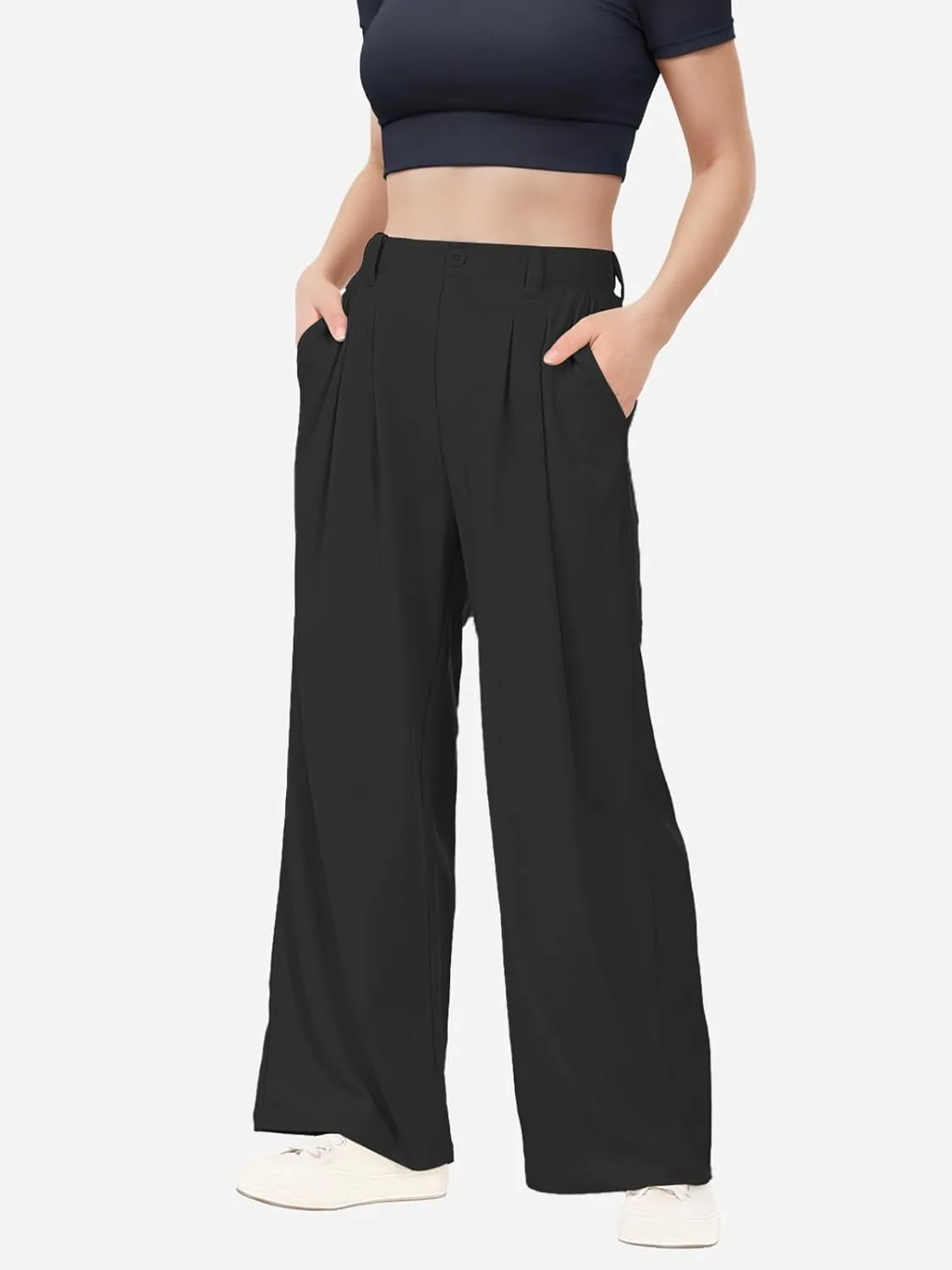 keriffe Womens Wide Leg Work Pants Waffle Knit High Waisted Button Down Casual Dress Palazzo Trousers Pockets