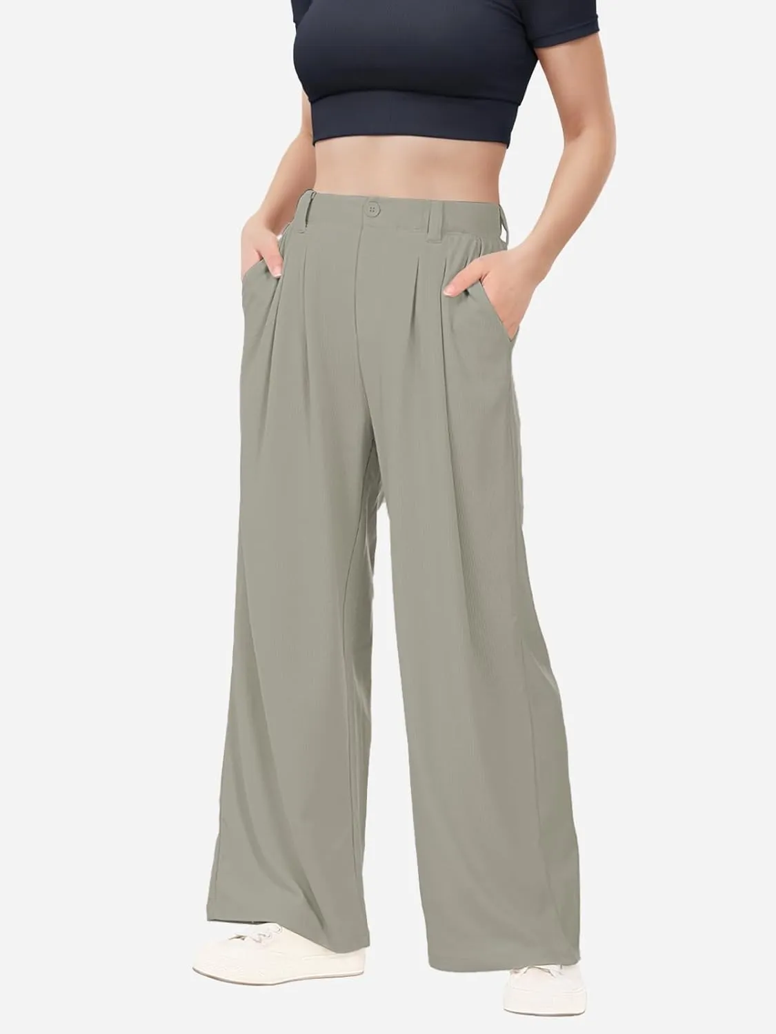 keriffe Womens Wide Leg Work Pants Waffle Knit High Waisted Button Down Casual Dress Palazzo Trousers Pockets