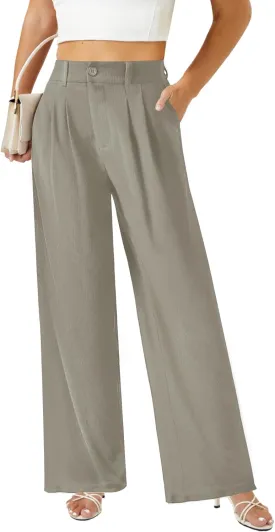 keriffe Womens Wide Leg Work Pants Waffle Knit High Waisted Button Down Casual Dress Palazzo Trousers Pockets