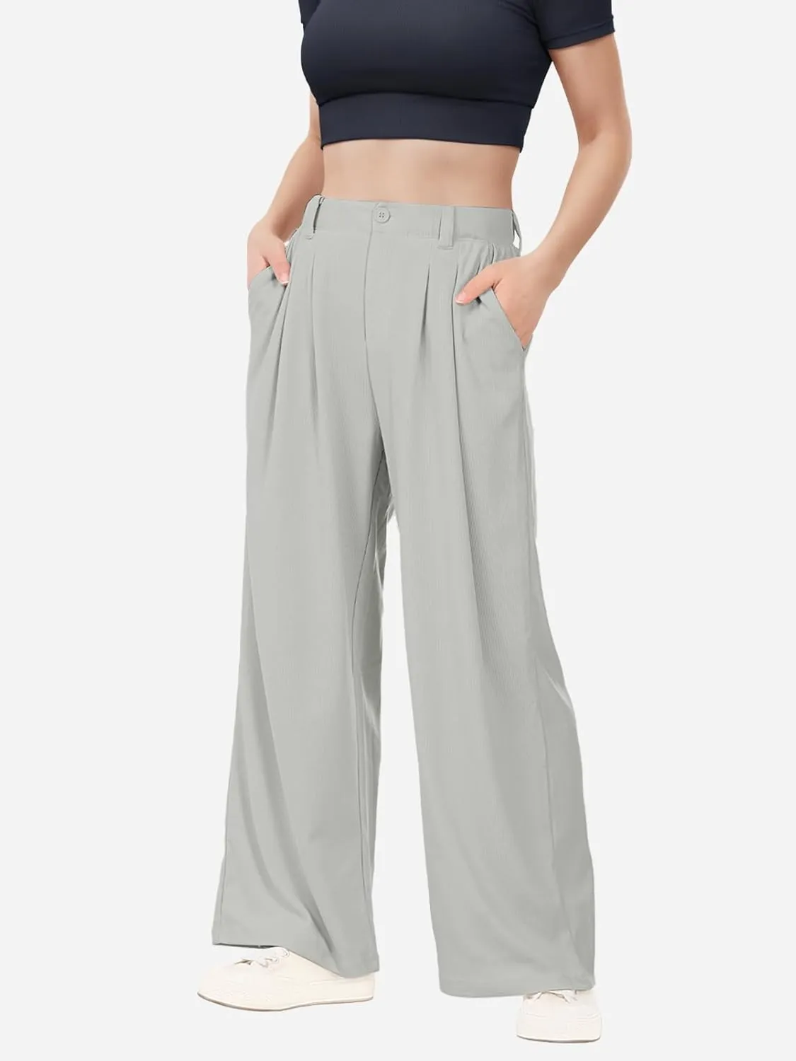 keriffe Womens Wide Leg Work Pants Waffle Knit High Waisted Button Down Casual Dress Palazzo Trousers Pockets