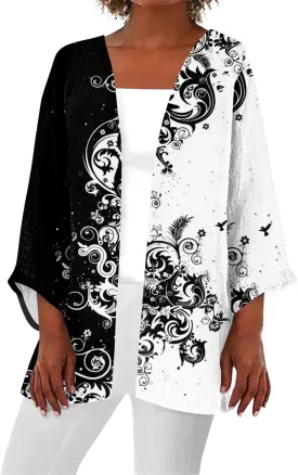 Kimonos for Women Plus Size Lightweight Floral Printed Tops Dressy Casual 3/4 Sleeve Summer Cardigan