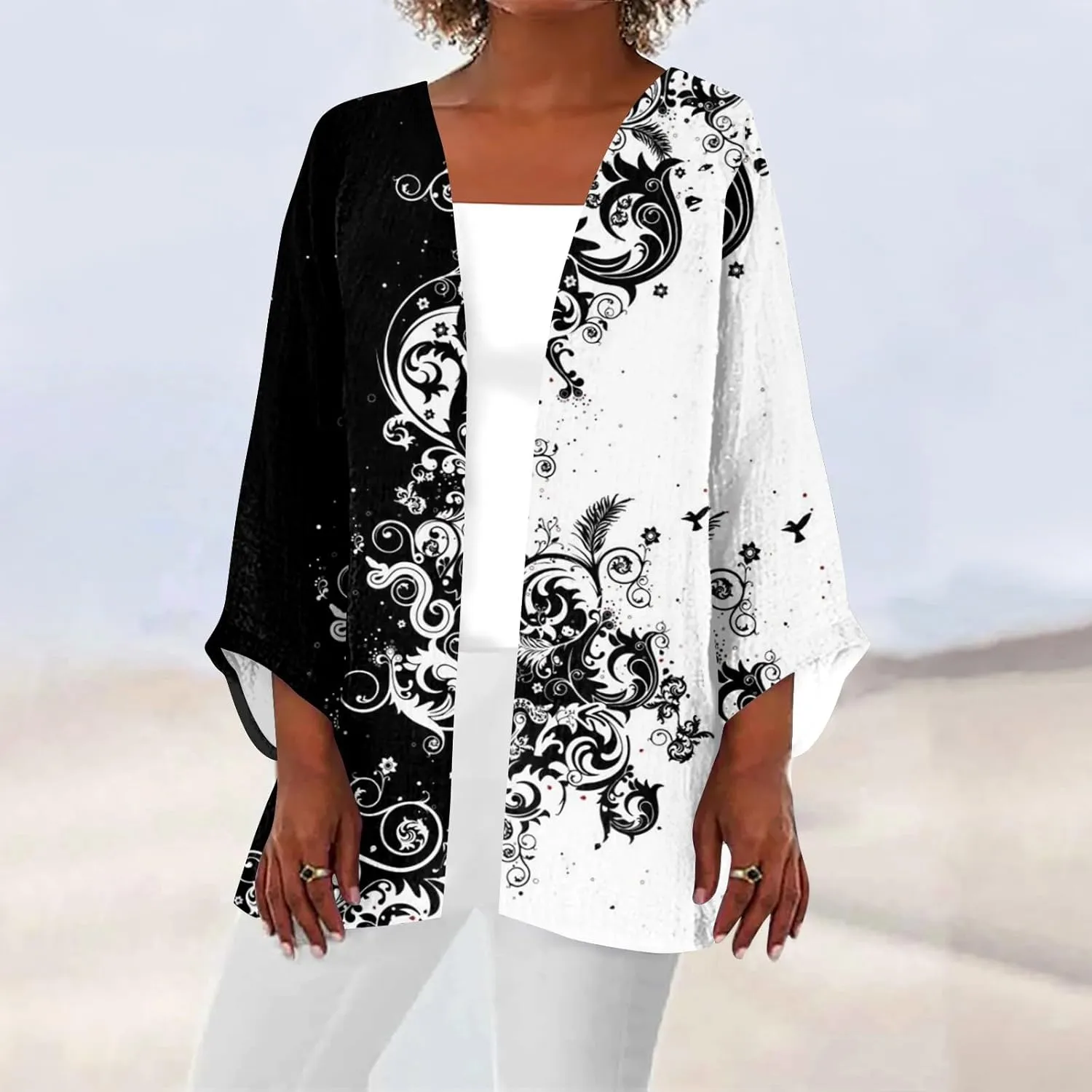 Kimonos for Women Plus Size Lightweight Floral Printed Tops Dressy Casual 3/4 Sleeve Summer Cardigan