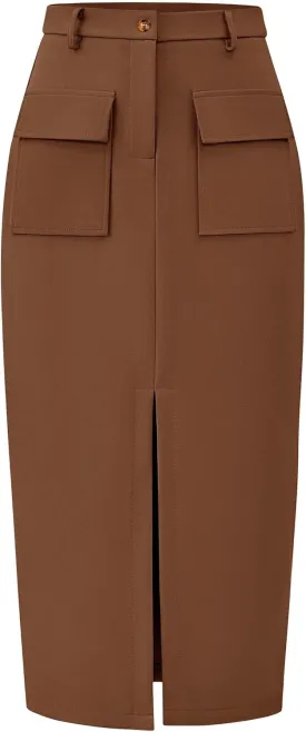 KIRUNDO Women High Waisted Cargo Midi Skirt Trendy Spring Summer Pencil Slit Dressy Casual Business Work Long Skirts