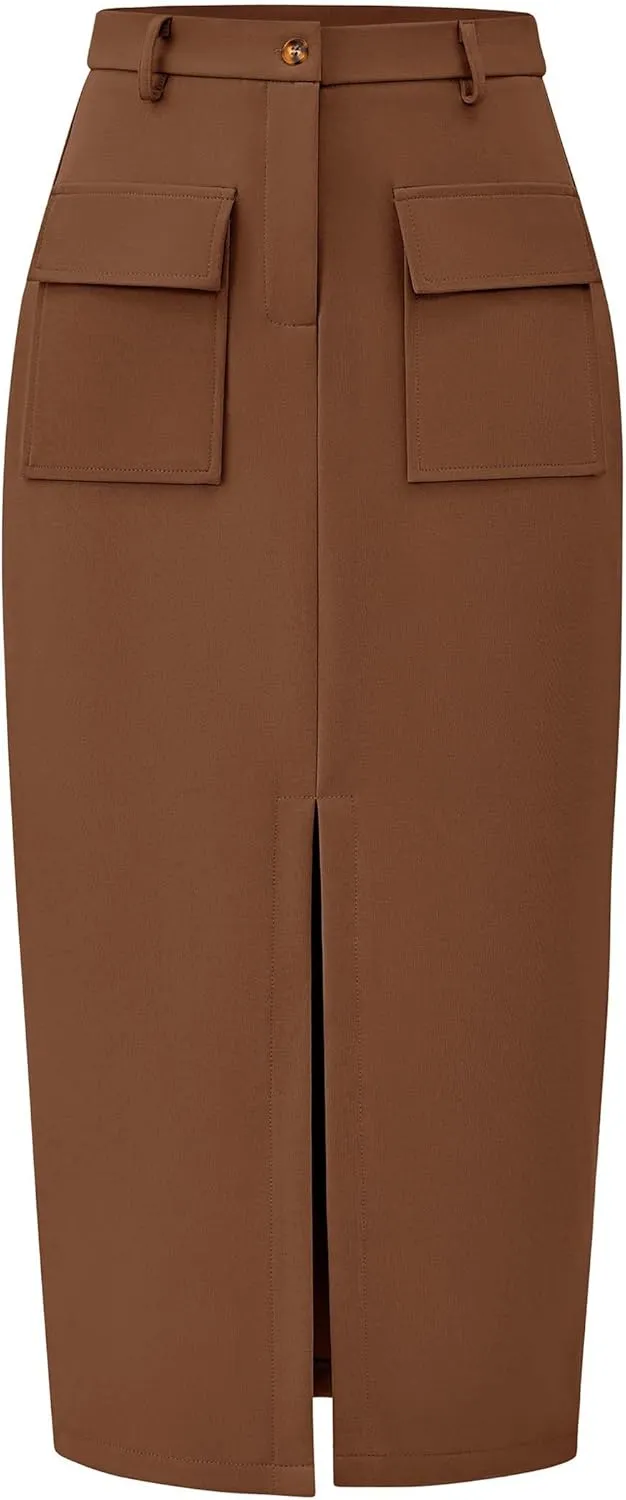 KIRUNDO Women High Waisted Cargo Midi Skirt Trendy Spring Summer Pencil Slit Dressy Casual Business Work Long Skirts