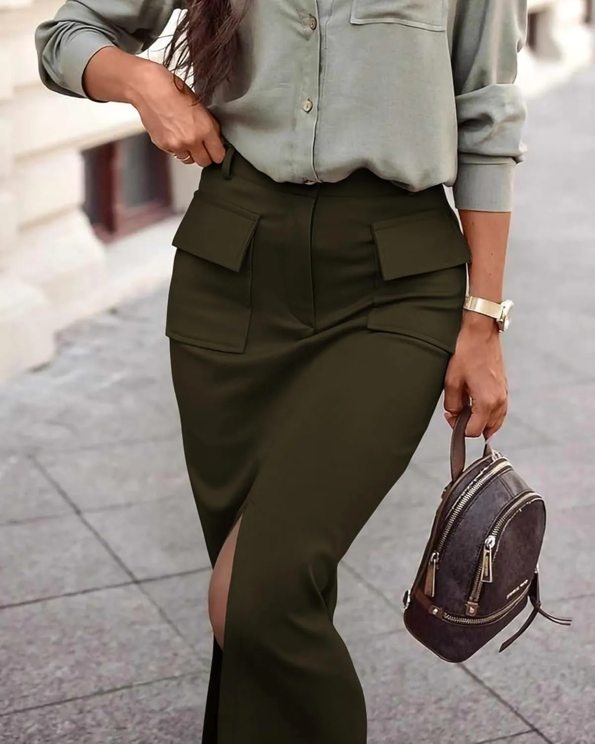 KIRUNDO Women High Waisted Cargo Midi Skirt Trendy Spring Summer Pencil Slit Dressy Casual Business Work Long Skirts