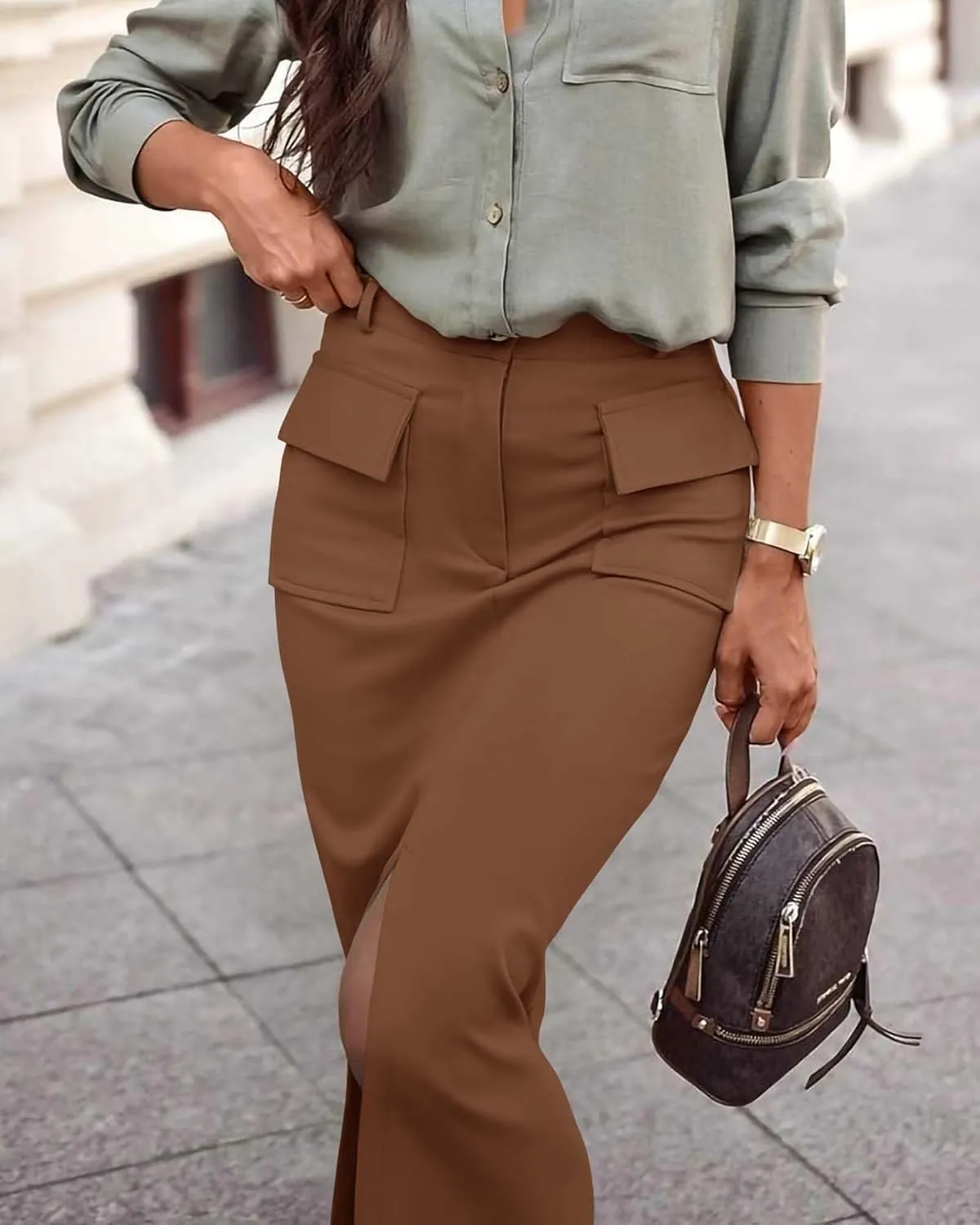 KIRUNDO Women High Waisted Cargo Midi Skirt Trendy Spring Summer Pencil Slit Dressy Casual Business Work Long Skirts