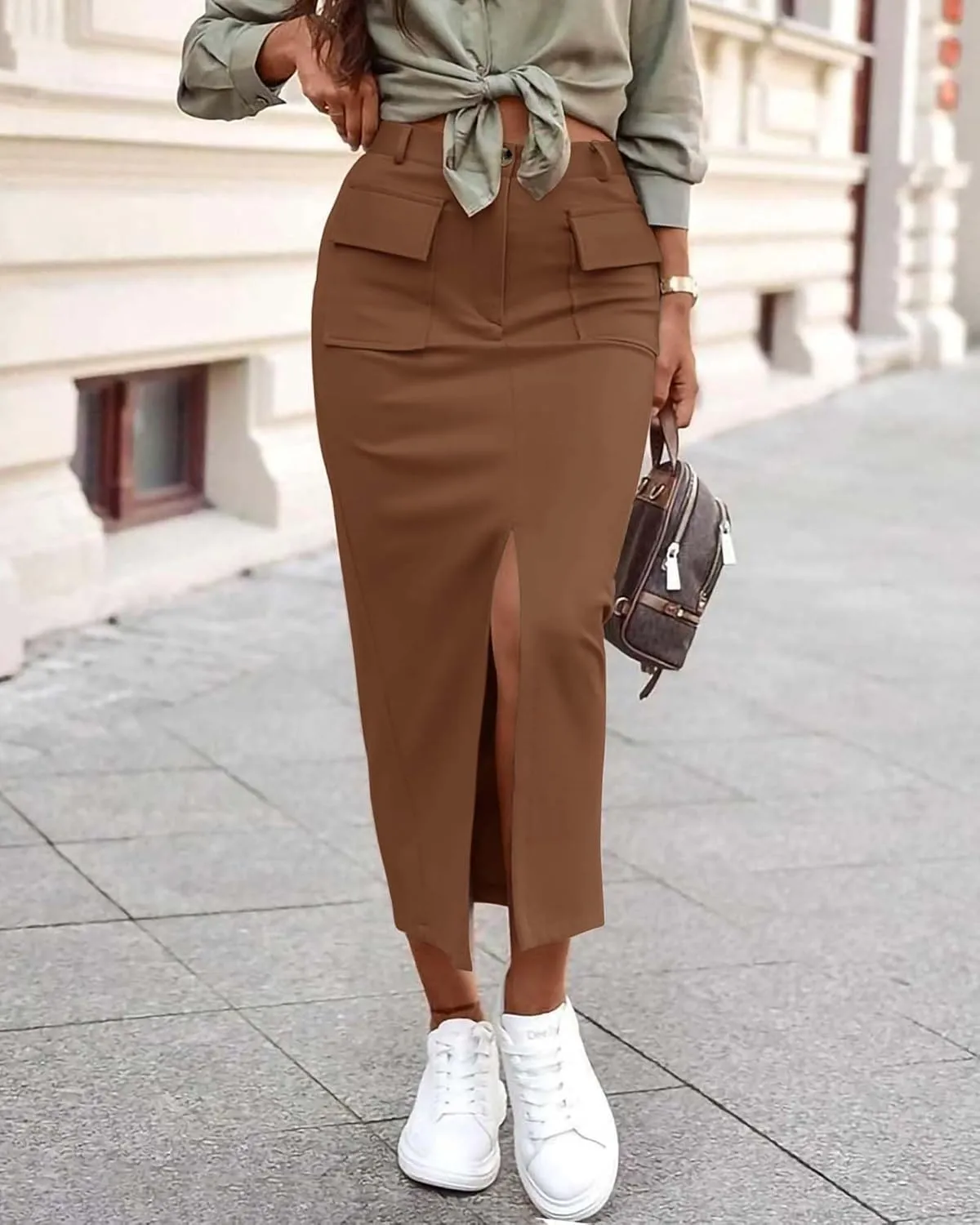 KIRUNDO Women High Waisted Cargo Midi Skirt Trendy Spring Summer Pencil Slit Dressy Casual Business Work Long Skirts