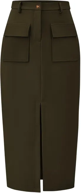 KIRUNDO Women High Waisted Cargo Midi Skirt Trendy Spring Summer Pencil Slit Dressy Casual Business Work Long Skirts