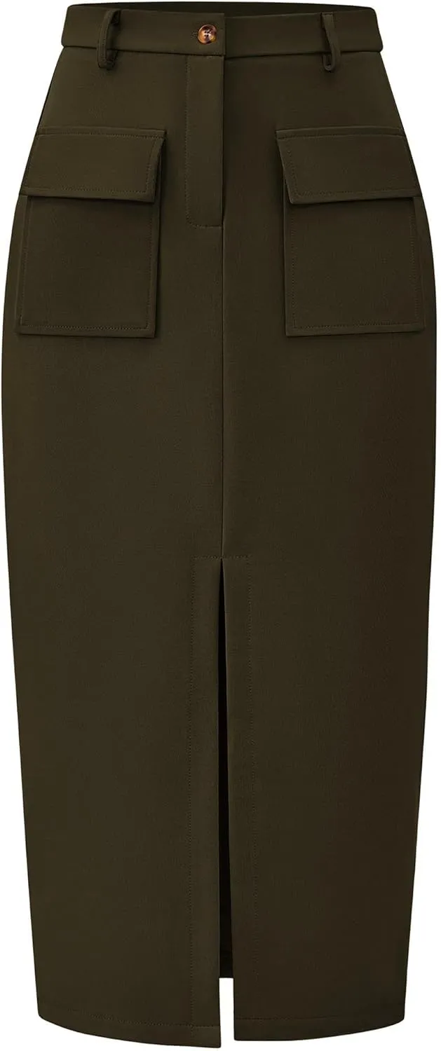 KIRUNDO Women High Waisted Cargo Midi Skirt Trendy Spring Summer Pencil Slit Dressy Casual Business Work Long Skirts