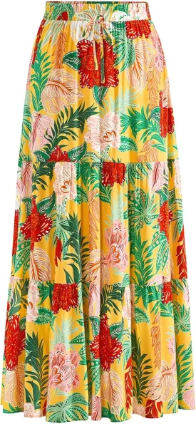 KIRUNDO Womens Boho Floral Maxi Midi Skirt 2025 Summer Trendy Elastic Waist Pleated Aline Flowy Long Skirts Beach Vacation