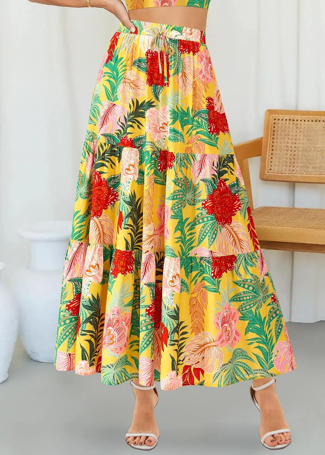 KIRUNDO Womens Boho Floral Maxi Midi Skirt 2025 Summer Trendy Elastic Waist Pleated Aline Flowy Long Skirts Beach Vacation