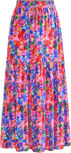 KIRUNDO Womens Boho Floral Maxi Midi Skirt 2025 Summer Trendy Elastic Waist Pleated Aline Flowy Long Skirts Beach Vacation