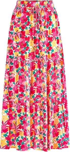 KIRUNDO Womens Boho Floral Maxi Midi Skirt 2025 Summer Trendy Elastic Waist Pleated Aline Flowy Long Skirts Beach Vacation