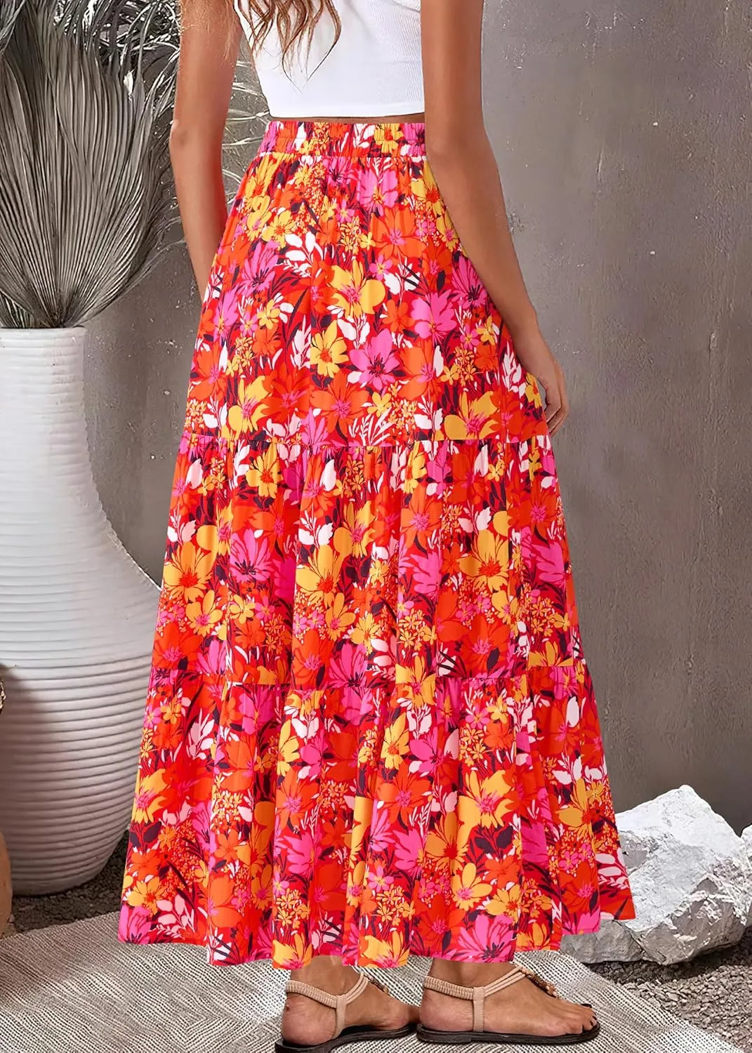 KIRUNDO Womens Boho Floral Maxi Midi Skirt 2025 Summer Trendy Elastic Waist Pleated Aline Flowy Long Skirts Beach Vacation