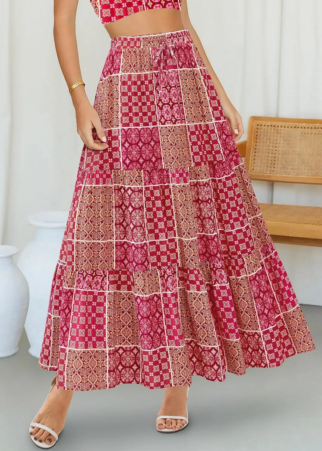 KIRUNDO Womens Boho Floral Maxi Midi Skirt 2025 Summer Trendy Elastic Waist Pleated Aline Flowy Long Skirts Beach Vacation