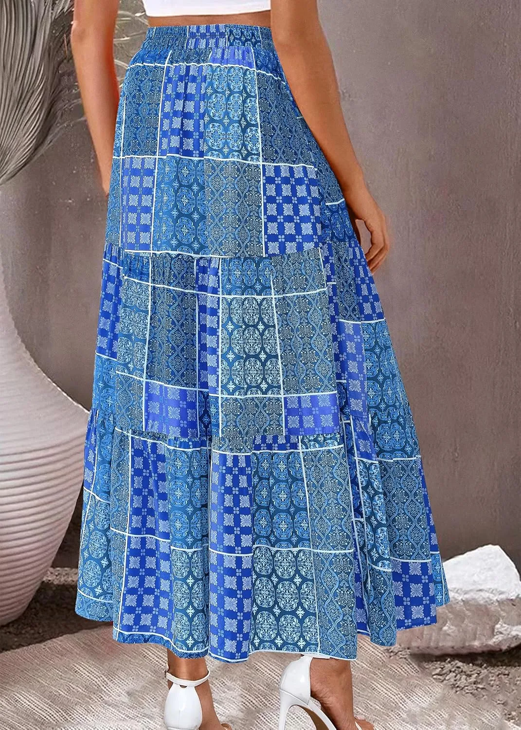 KIRUNDO Womens Boho Floral Maxi Midi Skirt 2025 Summer Trendy Elastic Waist Pleated Aline Flowy Long Skirts Beach Vacation